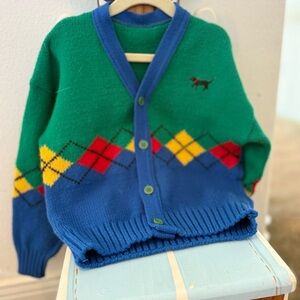 Vintage Green and Blue Argyle Kids Cardigan with Red & Yellow Accents